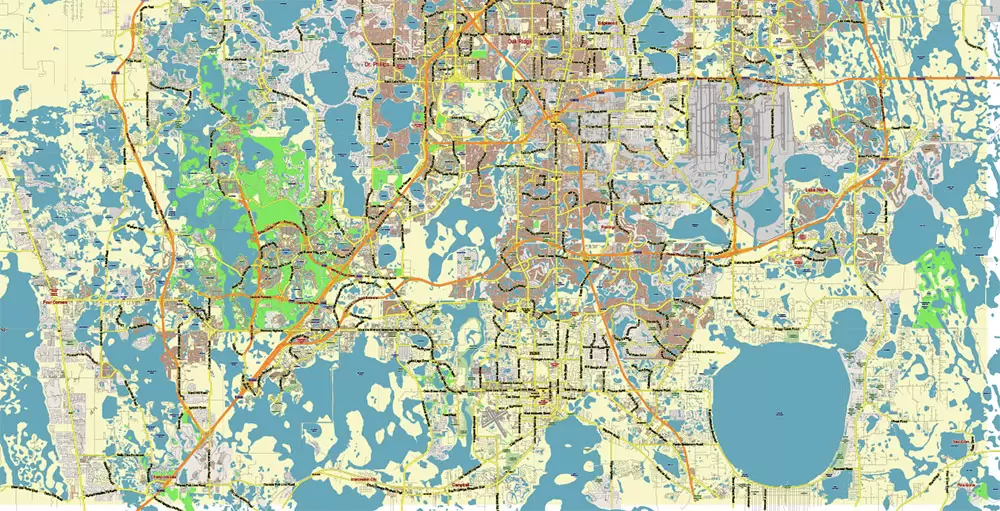 Orlando Florida US Map Vector City Plan Metro Area Low Detailed (for small print size) Street Map editable Adobe Illustrator in layers