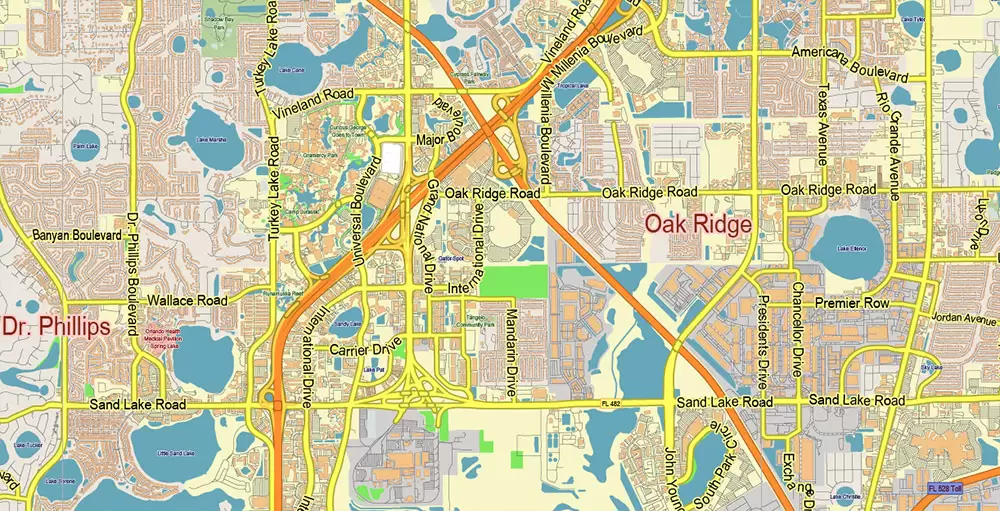 Orlando Florida US Map Vector City Plan Metro Area Low Detailed (for small print size) Street Map editable Adobe Illustrator in layers