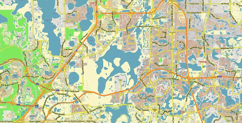 Orlando Florida US Map Vector City Plan Metro Area Low Detailed (for small print size) Street Map editable Adobe Illustrator in layers