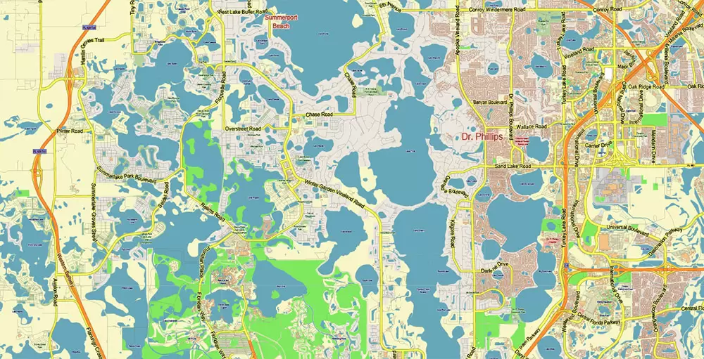Orlando Florida US Map Vector City Plan Metro Area Low Detailed (for small print size) Street Map editable Adobe Illustrator in layers