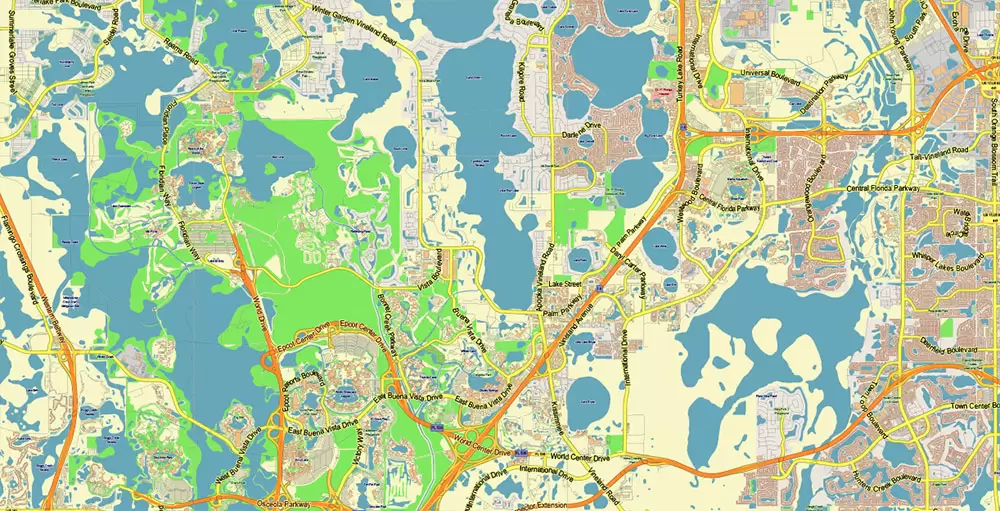 Orlando Florida US Map Vector City Plan Metro Area Low Detailed (for small print size) Street Map editable Adobe Illustrator in layers