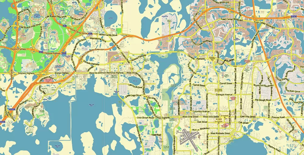 Orlando Florida US Map Vector City Plan Metro Area Low Detailed (for small print size) Street Map editable Adobe Illustrator in layers