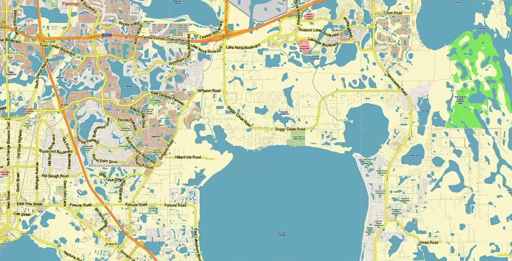 Orlando Florida US Map Vector City Plan Metro Area Low Detailed (for small print size) Street Map editable Adobe Illustrator in layers