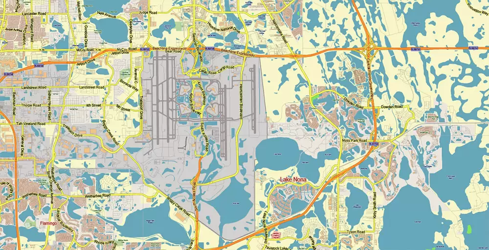 Orlando Florida US Map Vector City Plan Metro Area Low Detailed (for small print size) Street Map editable Adobe Illustrator in layers