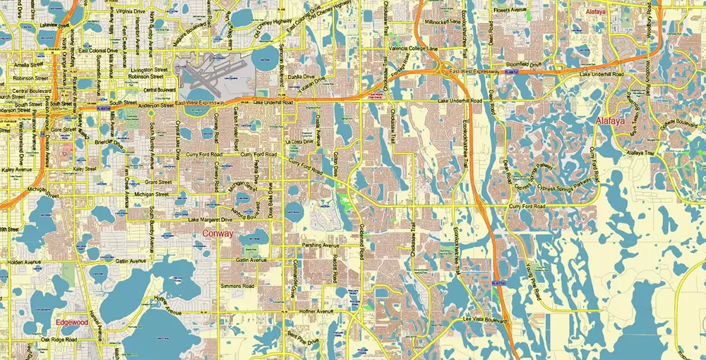 Orlando Florida US Map Vector City Plan Metro Area Low Detailed (for small print size) Street Map editable Adobe Illustrator in layers