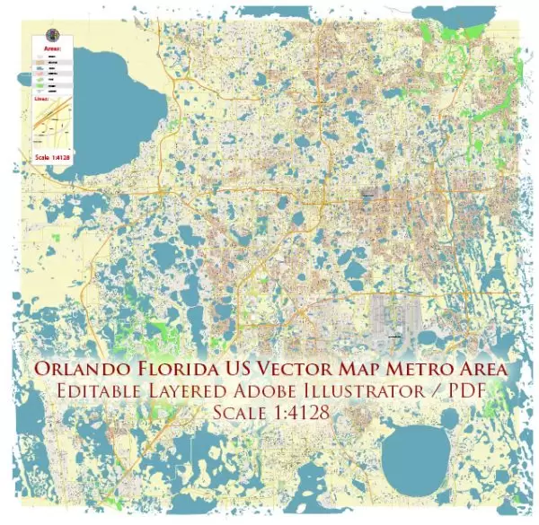 Orlando Florida US Map Vector Metro Area Accurate High Detailed City Plan editable Adobe Illustrator Street Map in layers