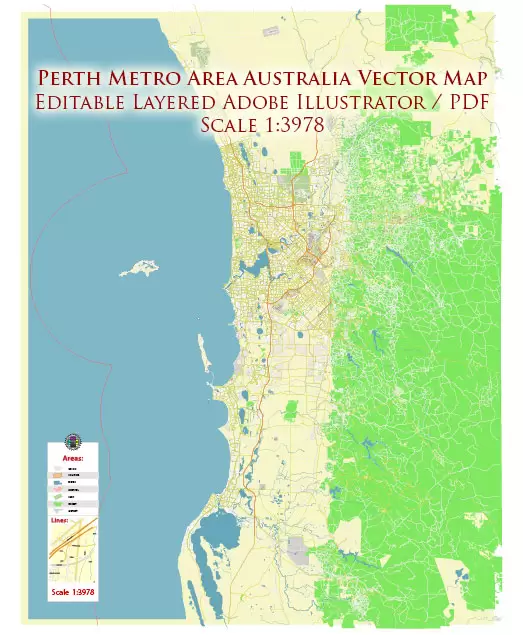 Perth Metro Area Australia Map Vector Accurate High Detailed City Plan editable Adobe Illustrator Street Map in layers