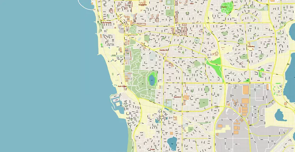 Perth Metro Area Australia PDF Vector Map: Accurate High Detailed City Plan editable Adobe PDF Street Map in layers