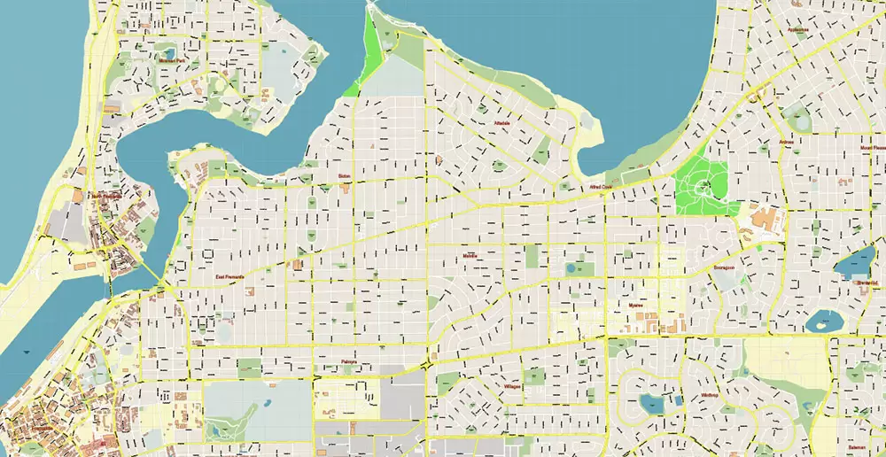 Perth Metro Area Australia PDF Vector Map: Accurate High Detailed City Plan editable Adobe PDF Street Map in layers