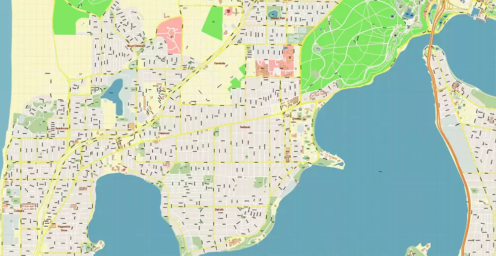 Perth Metro Area Australia PDF Vector Map: Accurate High Detailed City Plan editable Adobe PDF Street Map in layers