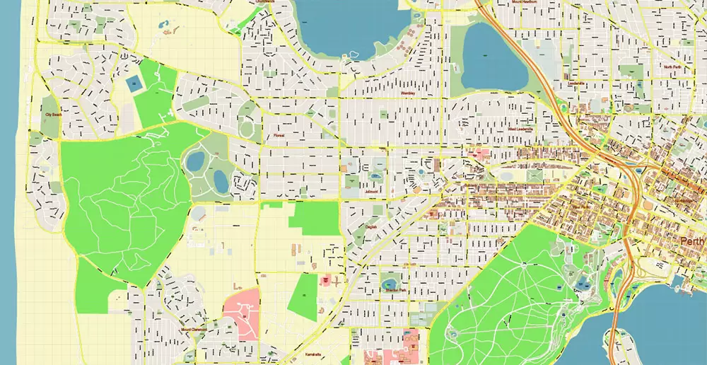 Perth Metro Area Australia PDF Vector Map: Accurate High Detailed City Plan editable Adobe PDF Street Map in layers