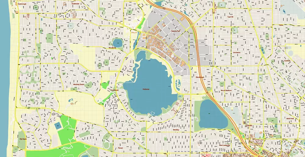 Perth Metro Area Australia PDF Vector Map: Accurate High Detailed City Plan editable Adobe PDF Street Map in layers