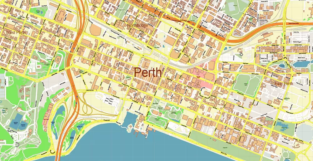 Perth Metro Area Australia PDF Vector Map: Accurate High Detailed City Plan editable Adobe PDF Street Map in layers