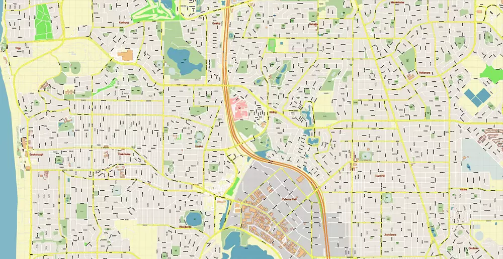 Perth Metro Area Australia PDF Vector Map: Accurate High Detailed City Plan editable Adobe PDF Street Map in layers