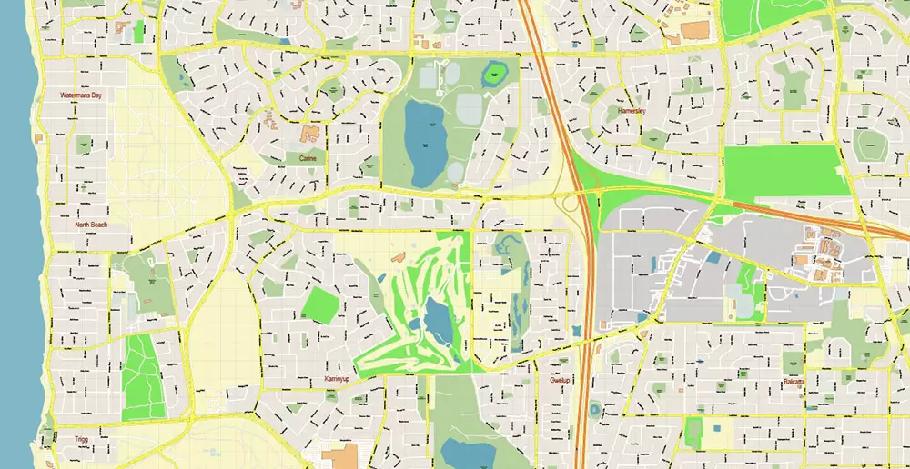 Perth Metro Area Australia PDF Vector Map: Accurate High Detailed City Plan editable Adobe PDF Street Map in layers