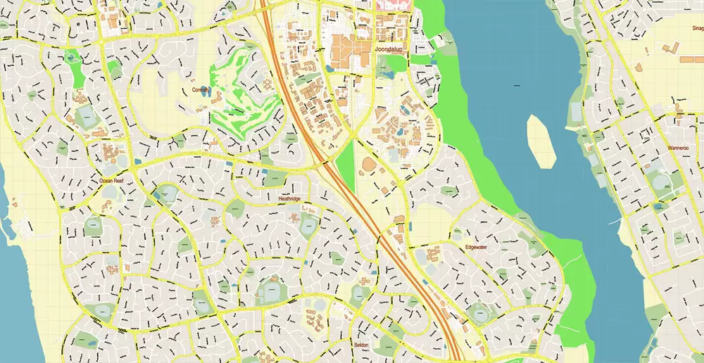 Perth Metro Area Australia PDF Vector Map: Accurate High Detailed City Plan editable Adobe PDF Street Map in layers