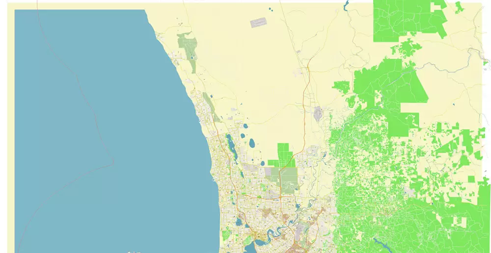 Perth Metro Area Australia PDF Vector Map: Accurate High Detailed City Plan editable Adobe PDF Street Map in layers
