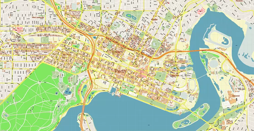 Perth Metro Area Australia PDF Vector Map: Accurate High Detailed City Plan editable Adobe PDF Street Map in layers