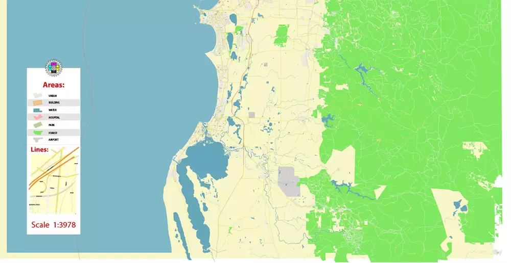 Perth Metro Area Australia PDF Vector Map: Accurate High Detailed City Plan editable Adobe PDF Street Map in layers