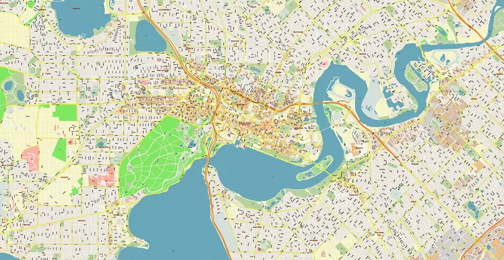 Perth Metro Area Australia PDF Vector Map: Accurate High Detailed City Plan editable Adobe PDF Street Map in layers