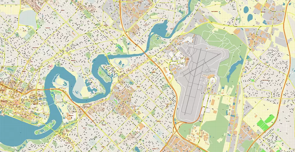 Perth Metro Area Australia PDF Vector Map: Accurate High Detailed City Plan editable Adobe PDF Street Map in layers