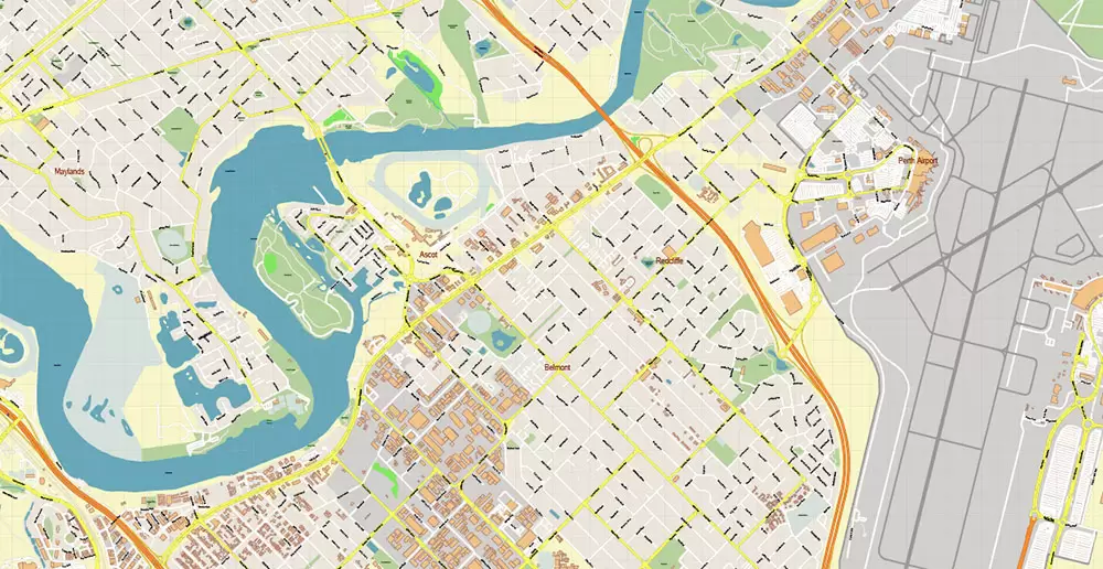 Perth Metro Area Australia PDF Vector Map: Accurate High Detailed City Plan editable Adobe PDF Street Map in layers