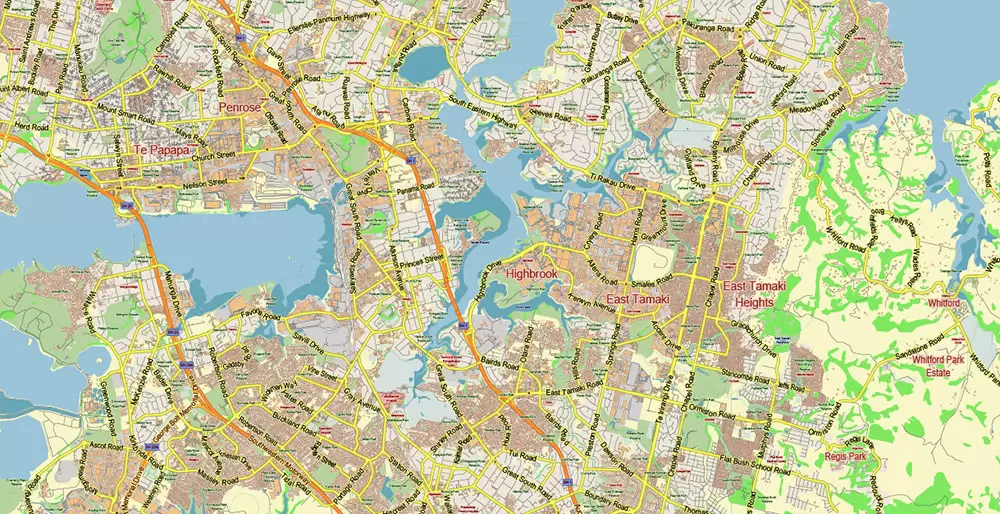 Auckland New Zealand Map Vector Exact Low Detailed City Plan editable Adobe Illustrator Street Map in layers