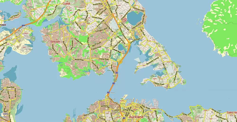 Auckland New Zealand Map Vector Exact Low Detailed City Plan editable Adobe Illustrator Street Map in layers