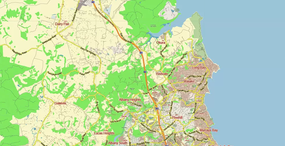 Auckland New Zealand Map Vector Exact Low Detailed City Plan editable Adobe Illustrator Street Map in layers