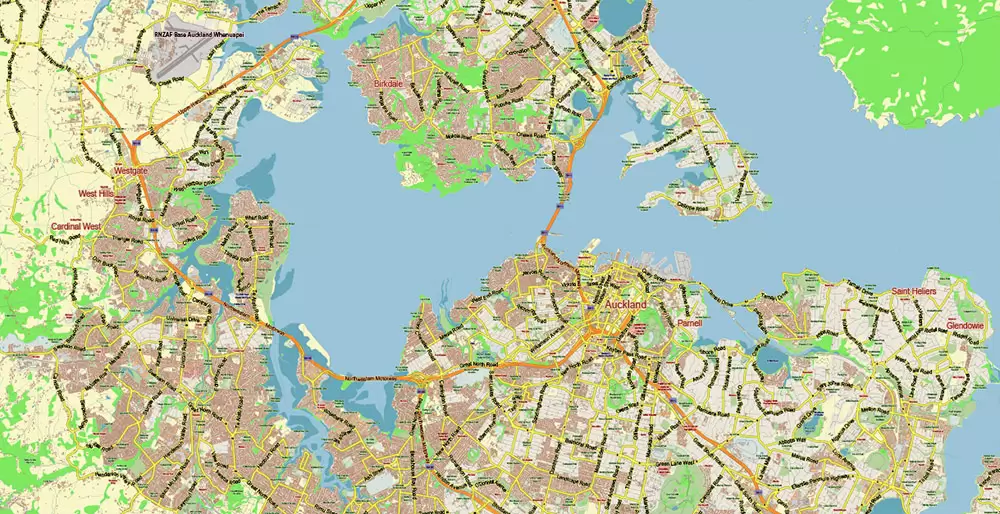 Auckland New Zealand Map Vector Exact Low Detailed City Plan editable Adobe Illustrator Street Map in layers