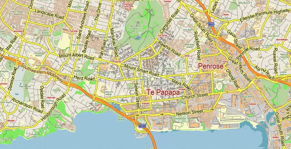 Auckland New Zealand Map Vector Exact Low Detailed City Plan editable Adobe Illustrator Street Map in layers