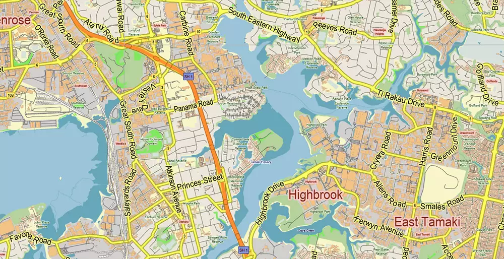 Auckland New Zealand Map Vector Exact Low Detailed City Plan editable Adobe Illustrator Street Map in layers