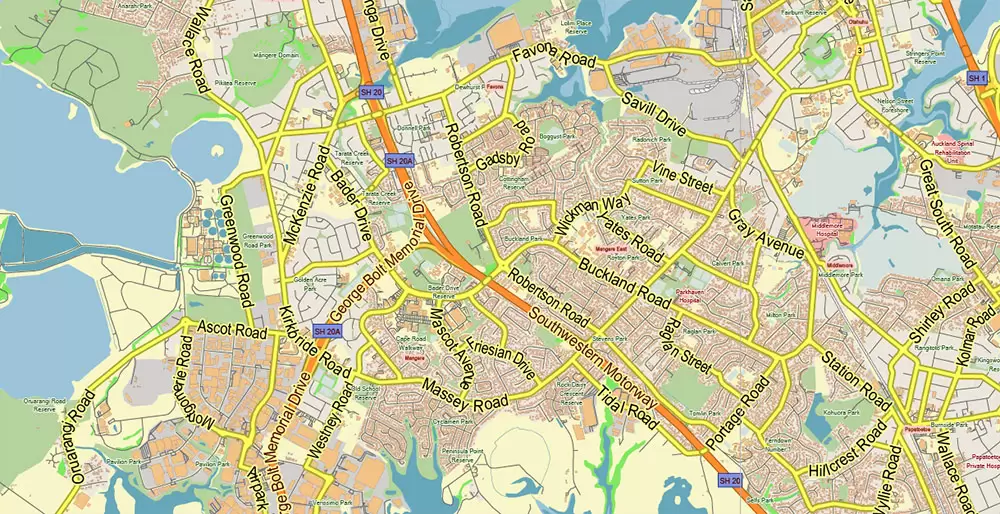 Auckland New Zealand Map Vector Exact Low Detailed City Plan editable Adobe Illustrator Street Map in layers