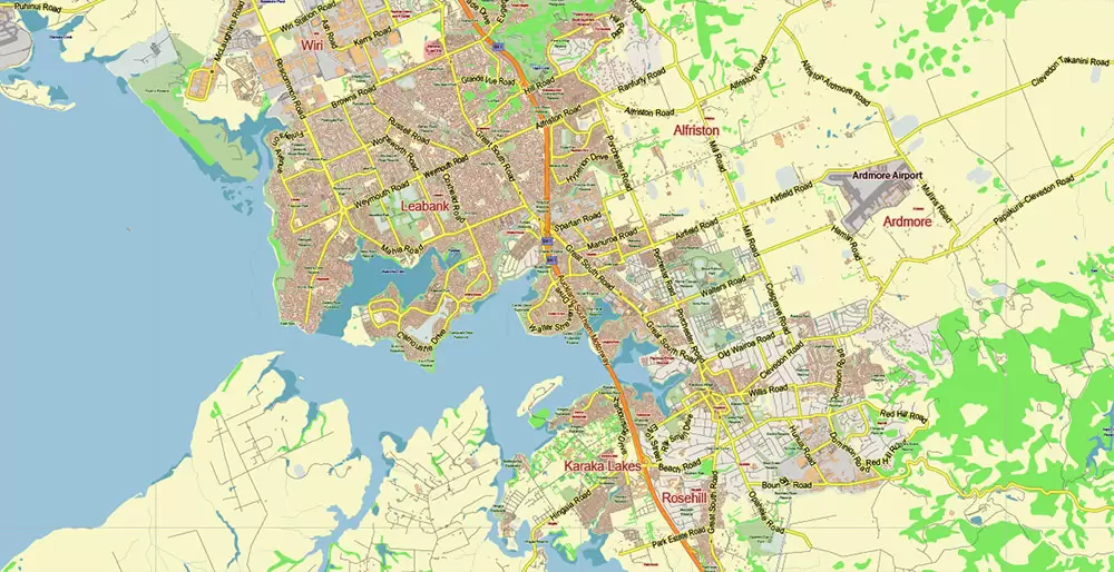 Auckland New Zealand Map Vector Exact Low Detailed City Plan editable Adobe Illustrator Street Map in layers