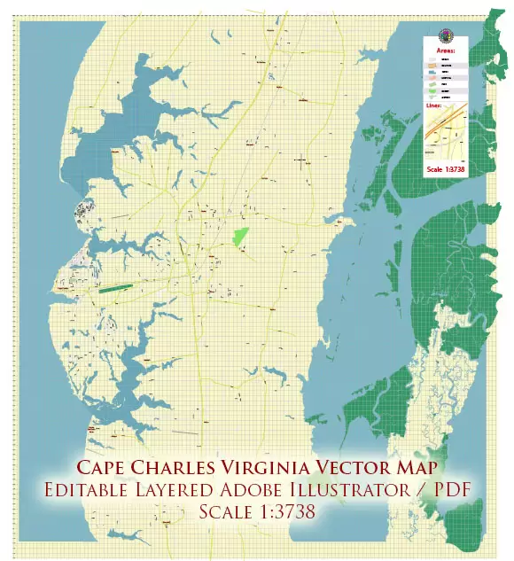 Cape Charles Virginia US PDF Vector Map Exact High Detailed City Plan editable Adobe PDF Street Map in layers
