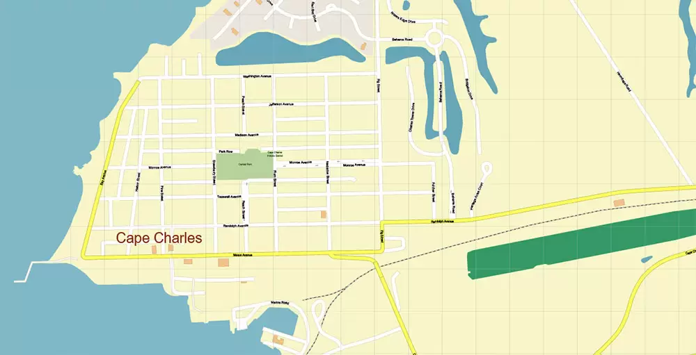 Cape Charles Virginia US PDF Vector Map Exact High Detailed City Plan editable Adobe PDF Street Map in layers