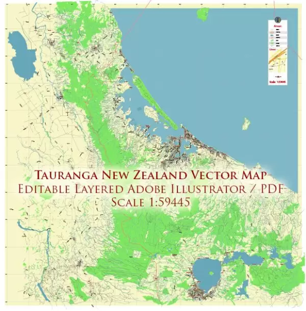 Tauranga New Zealand Map Vector City Plan Low Detailed (for small print size) Street Map editable Adobe Illustrator in layers