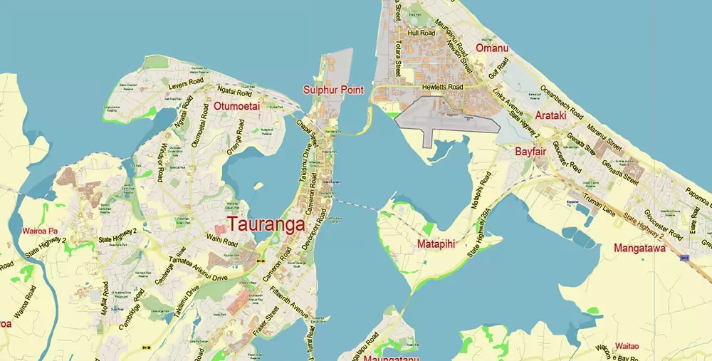 Tauranga New Zealand Map Vector City Plan Low Detailed (for small print size) Street Map editable Adobe Illustrator in layers