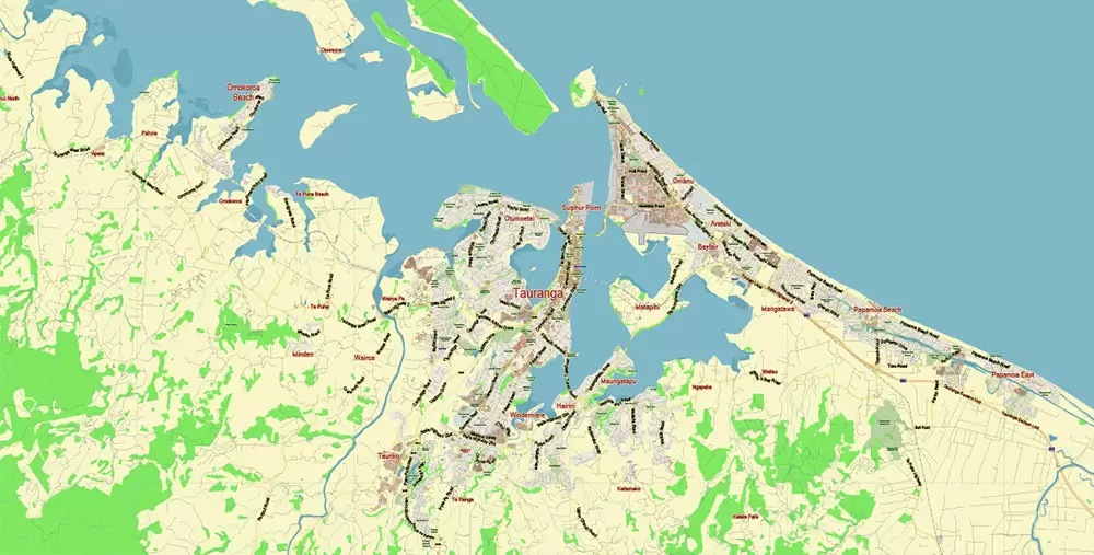 Tauranga New Zealand Map Vector City Plan Low Detailed (for small print size) Street Map editable Adobe Illustrator in layers