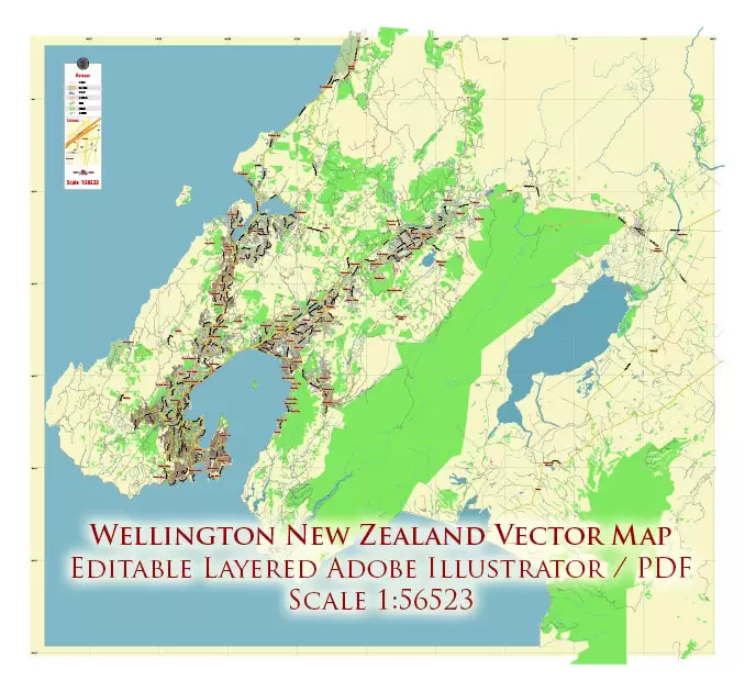 Wellington New Zealand PDF Vector Map: City Plan Low Detailed (for small print size) Street Map editable Adobe PDF in layers