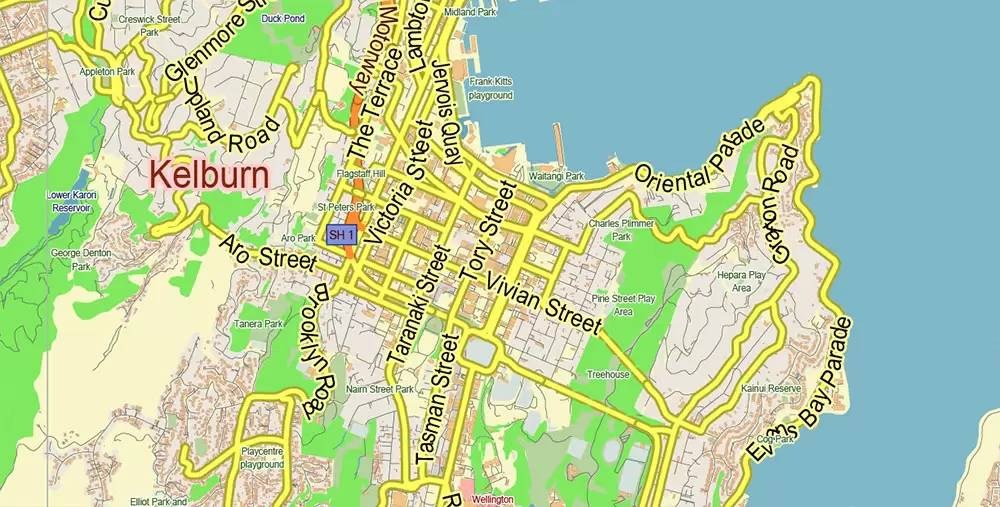 Wellington New Zealand PDF Vector Map: City Plan Low Detailed (for small print size) Street Map editable Adobe PDF in layers