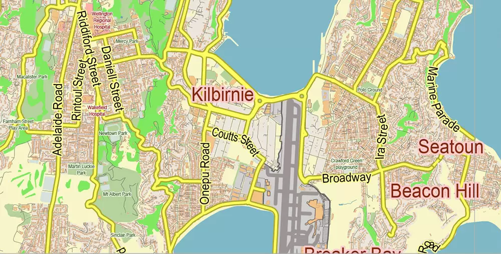 Wellington New Zealand PDF Vector Map: City Plan Low Detailed (for small print size) Street Map editable Adobe PDF in layers