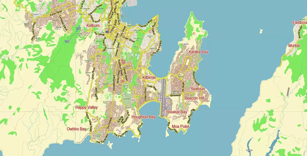 Wellington New Zealand PDF Vector Map: City Plan Low Detailed (for small print size) Street Map editable Adobe PDF in layers