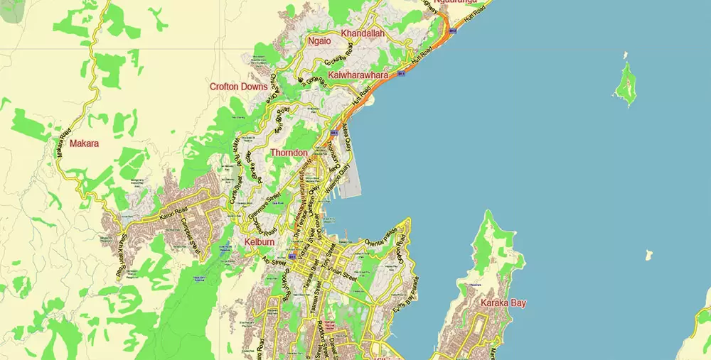 Wellington New Zealand PDF Vector Map: City Plan Low Detailed (for small print size) Street Map editable Adobe PDF in layers