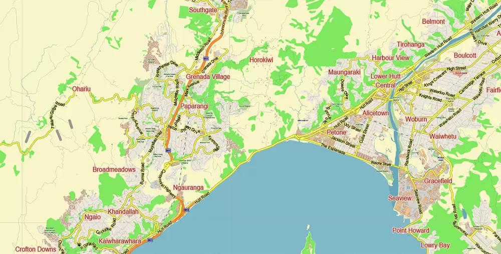Wellington New Zealand PDF Vector Map: City Plan Low Detailed (for small print size) Street Map editable Adobe PDF in layers
