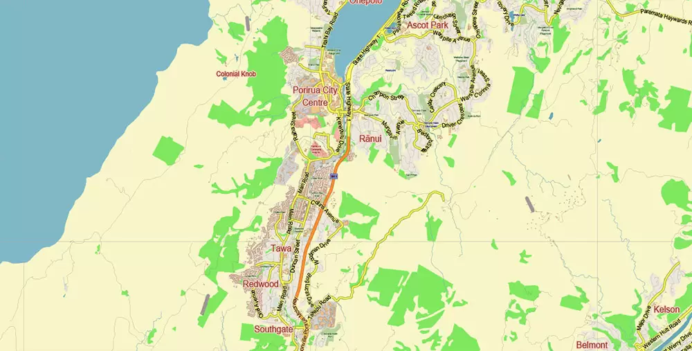 Wellington New Zealand PDF Vector Map: City Plan Low Detailed (for small print size) Street Map editable Adobe PDF in layers