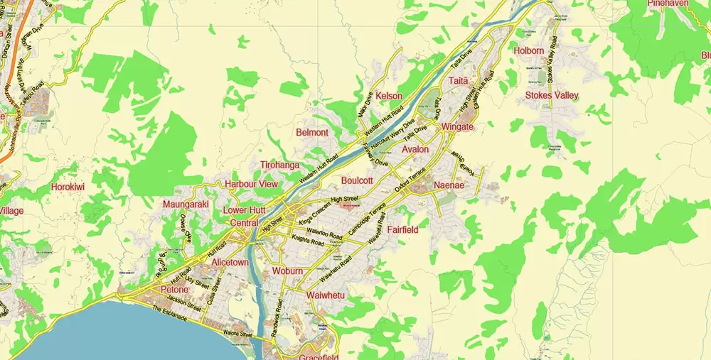 Wellington New Zealand PDF Vector Map: City Plan Low Detailed (for small print size) Street Map editable Adobe PDF in layers