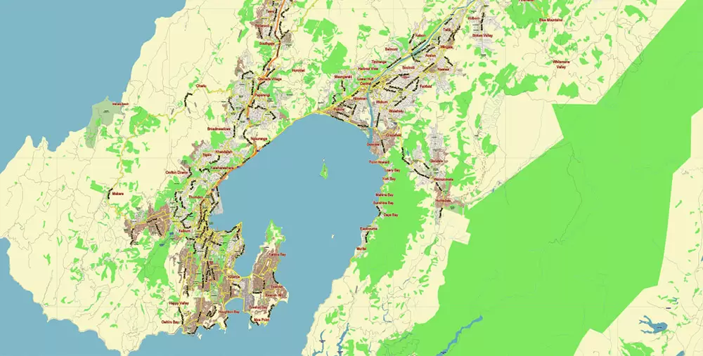 Wellington New Zealand PDF Vector Map: City Plan Low Detailed (for small print size) Street Map editable Adobe PDF in layers