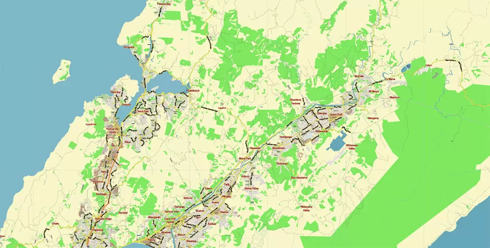 Wellington New Zealand PDF Vector Map: City Plan Low Detailed (for small print size) Street Map editable Adobe PDF in layers