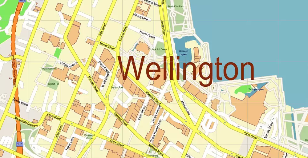Wellington New Zealand PDF Vector Map: Exact High Detailed City Plan editable Adobe PDF Street Map in layers